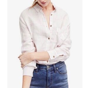 Free People No Limits White Lavender Plaid Linen Oversized Shirt Size M